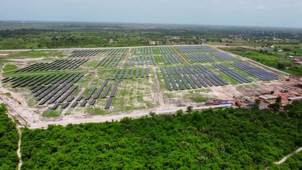 Aerial view of battery energy storage system BESS array at renewable ...