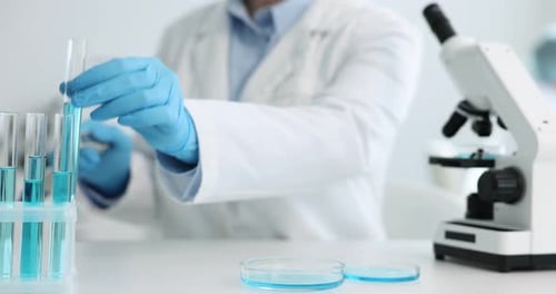 Scientist Working with Test Tubes and Microscope