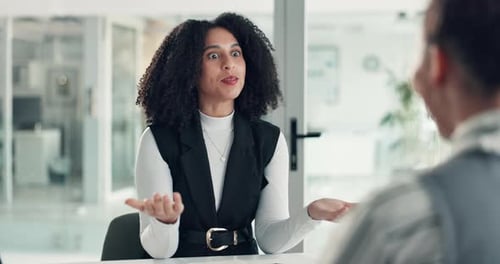 Happy, business woman and meeting with interview for company introduction or hiring in office