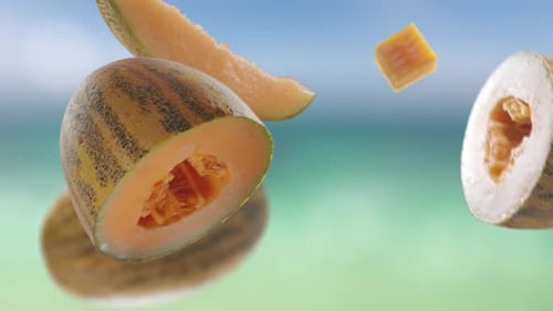 Flying Melon and Melons Slices in Beach Tropical Summer Background