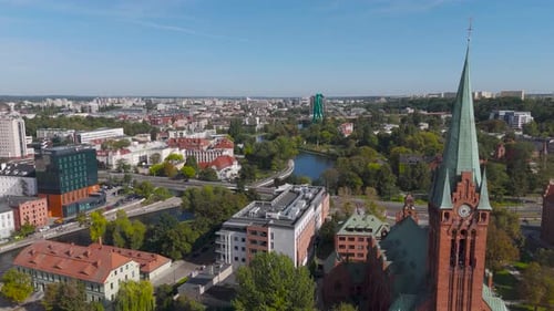 Aerial view of buildings and river, Poland.