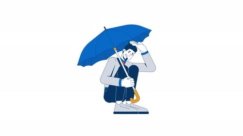 Animated Man Hiding Under Umbrella Flat Design
