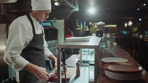 Chef Serving Cooked Food on Plate in Open Restaurant Kitchen