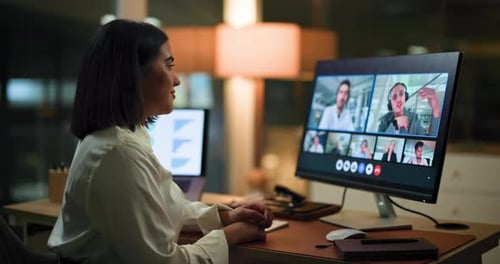 Night, video conference and business woman in office for virtual meeting, discussion and webinar
