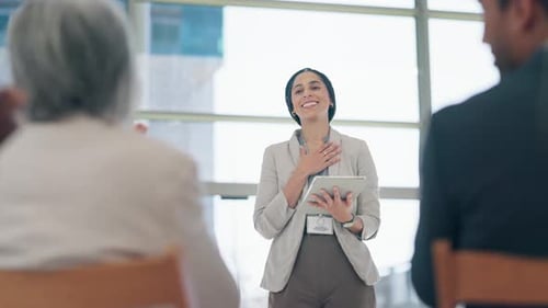 Presentation, tradeshow and woman on tablet with applause from audience for conference success