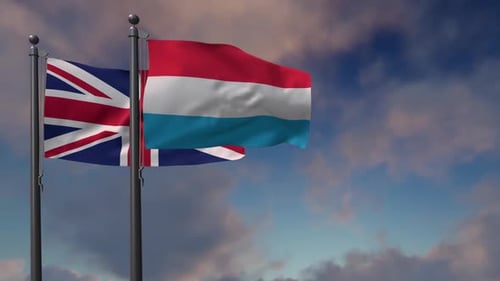 United Kingdom and Luxembourg Flags Waving Realistically