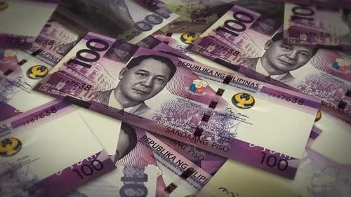 Pile of philippines peso cash money, inflation concept. Closeup new philippines one hundred peso