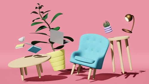 Minimalist 3D Interior Items Floating and Resettling Animation