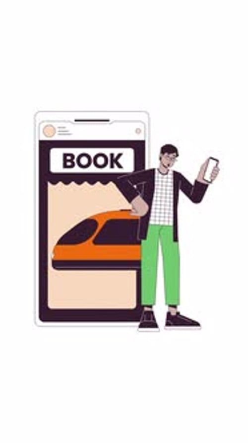 Train booking on smartphone app 2D vertical animation