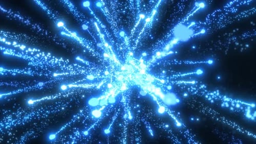 Eine blendende Explosion hellblauer Lichtpartikel, die sich in alle Richtungen nach außen erstrecken