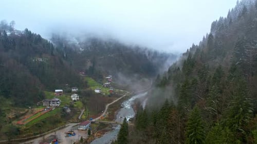 Mountain River Valley and Forest Road Aerial Drone View