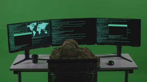 Tired Asian Man Soldier Developer Sleeping While Write Code With Multiple Screens In Green Screen