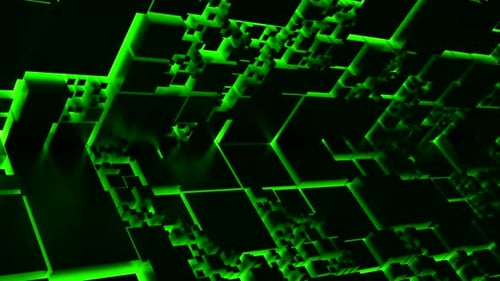 3d neon background with geometric figures in neon light against a dark tunnel