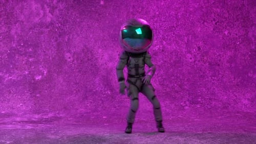 An Astronaut in a Space Suit is Dancing Against the Backdrop of a Wall and Flashing Neon Light