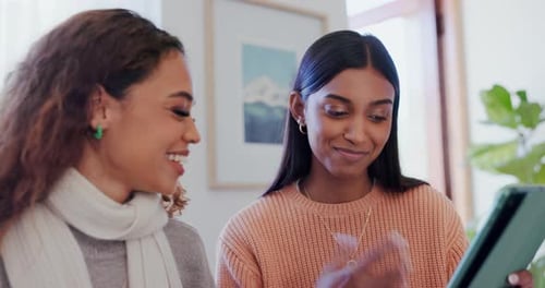 Discussion, tablet and girl friends in the living room on the internet, social media or mobile app