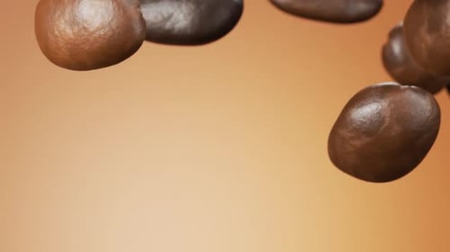 Slow-motion falling coffee beans close-up. Coffee beans for your design. Coffee beans for your adver