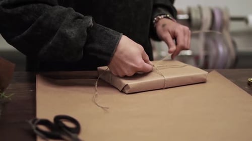 Person Wrapping Gift With String and Paper