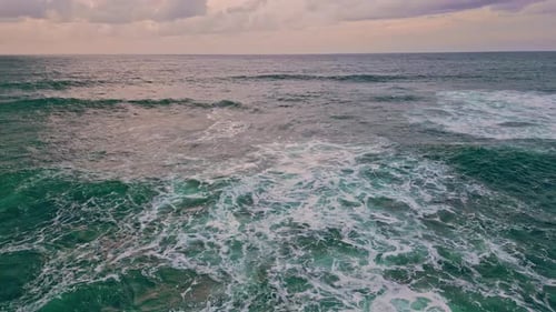 Dramatic Evening Seascape Aerial View Sea Water Waving Creating White Foam