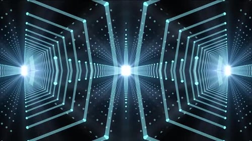 Dynamic digital tunnel with bright blue lights and futuristic glow