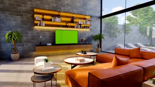 Modern living room interior with green screen television
