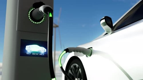 Realistic 3d rendering of Electric vehicle charging port plugging in car