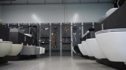 Reihe neuer moderner Toiletten im Elite Plumbing Store