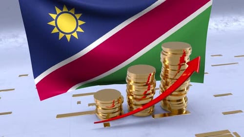 Namibia Flag With Gold Coins Tower And Up Arrow