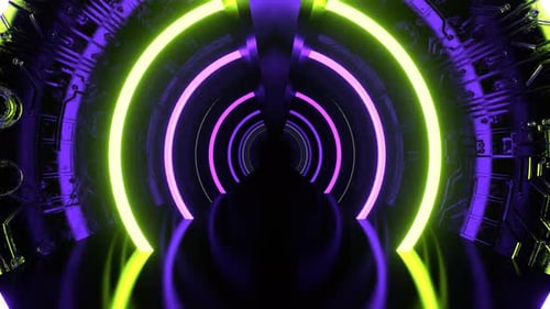 Purple And Light Green Neon Strobe Corridor With Round Arches Background Vj Loop I 4K