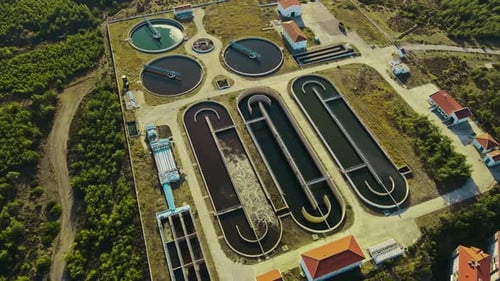 Water Basins at Sewage Treatment Plant Aerial View