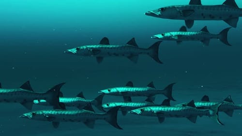 Group of Barracuda fishes swimming in deep blue ocean water, underwater scene of barracuda fishes.
