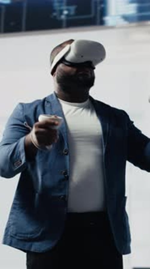 Vertical Video African American Programmer Engaging in Virtual Reality with a Headset