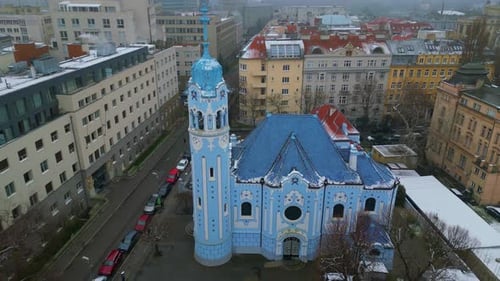 aerial drone view Blue Church of St. Elisabeth in Bratislava during winter