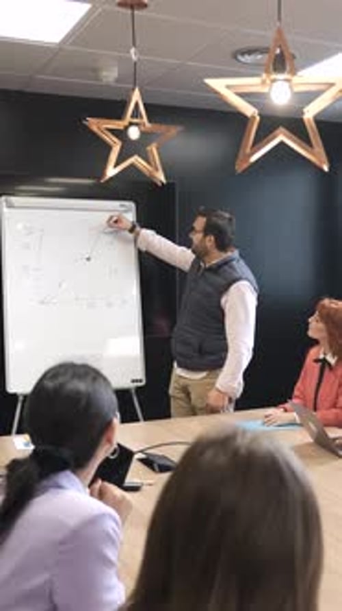 Businessman Explaining Strategy on Whiteboard to Diverse Colleagues in Office