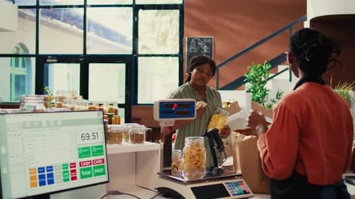 Smiling Customer Buying Pasta at the Market