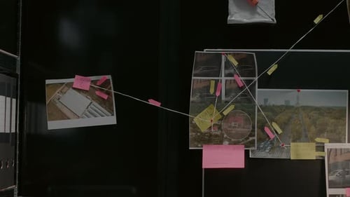 Bureau de détective vide avec des indices et des dossiers à bord