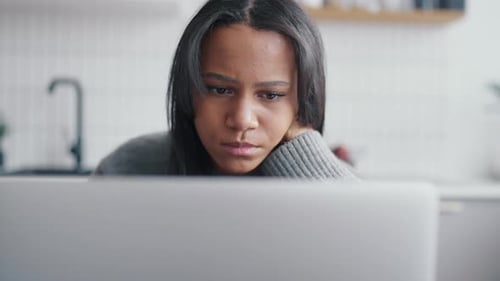 Vertical Portrait of Beautiful African American Woman Surfing Internet By Modern Laptop Work and