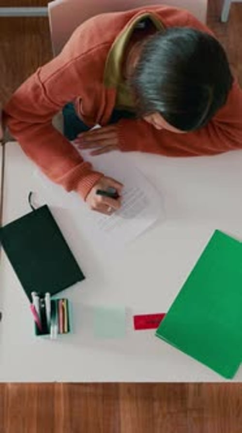 Education, writing and above with students in classroom for problem solving