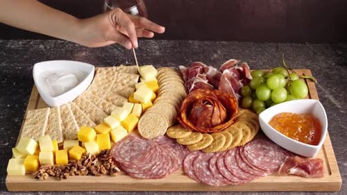Charcuterie Board, Cheese Platter, A Hand Pricks A Cube Of Gouda Cheese With A Wooden Toothpick