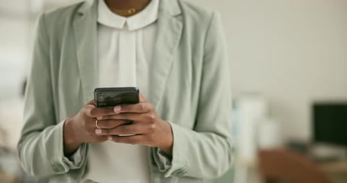 Happy black woman, phone and hands typing or walking at office in social media