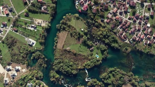 Aerial drone view of heart shaped curve of Una River near Bihac Bosnia and Herzegovina
