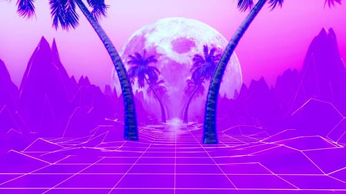 Synthwave Background Of Endless Road With Loop Of Palm Trees