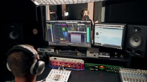 On the sound engineer's computer monitor sound tracks for mixing a new soundtrack that girl sings