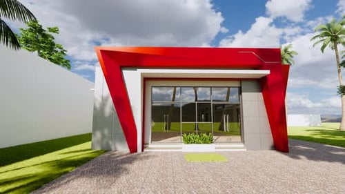 Visualización arquitectónica 3D de edificios modernos con acento rojo
