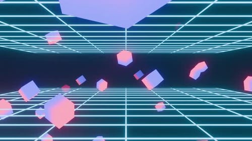 Retro Neon Grid Tunnel With Flying Cubes