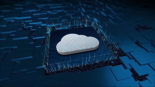 Animated 3D Cloud Computing Icon on Digital Circuit Board