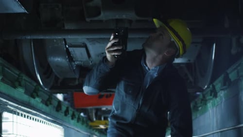 Technician in Hard Hat with Flashlight in Hand Inspecting Train