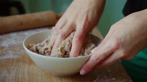 Hands Mixing Minced Meat in Bowl for Dumpling Preparation Fingers Working with Ground Meat Filling