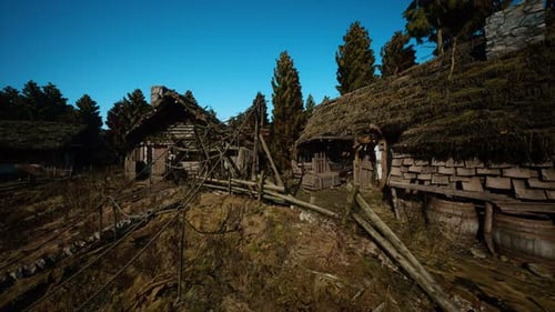 Idyllic Medieval Countryside Scene with Blue Sky and Rustic Fences