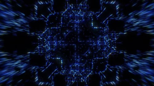 Futuristic Blue Glowing Grid Data Tunnel Background