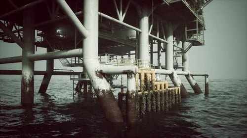 Old Oil Platform Structure Submerged in Water with Rusted Supports and Pipes